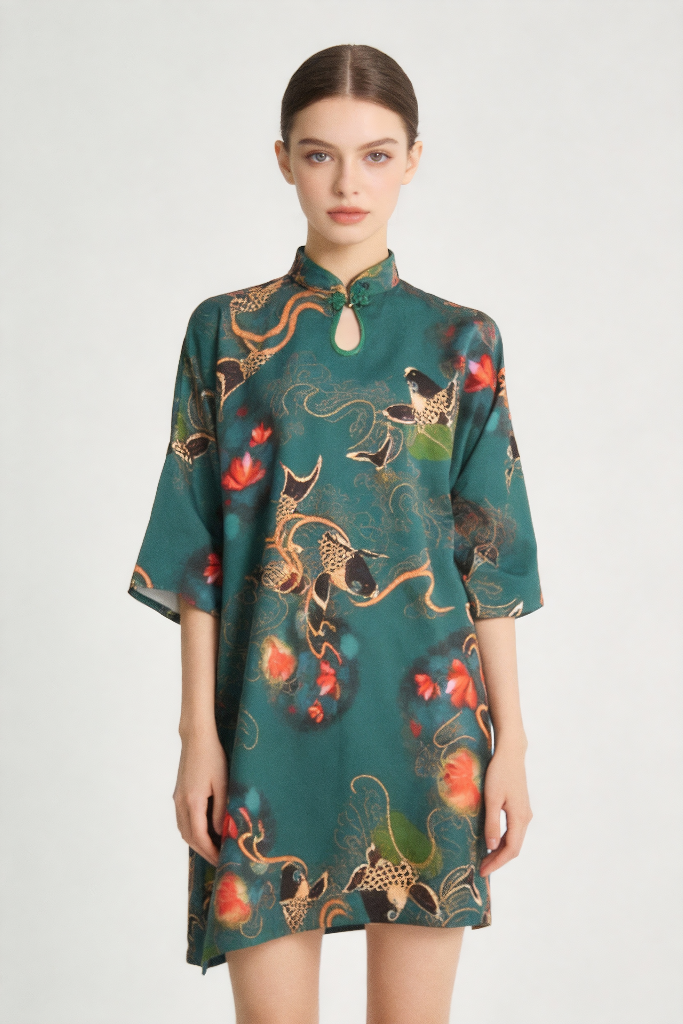 Woman wearing a Emerald Green Koi Fish & Lotus Print Qipao Dress on a white background