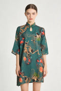 Emerald Green Koi Fish & Lotus Print Qipao Dress - Traditional Chinese Cheongsam with Modern Silhouette