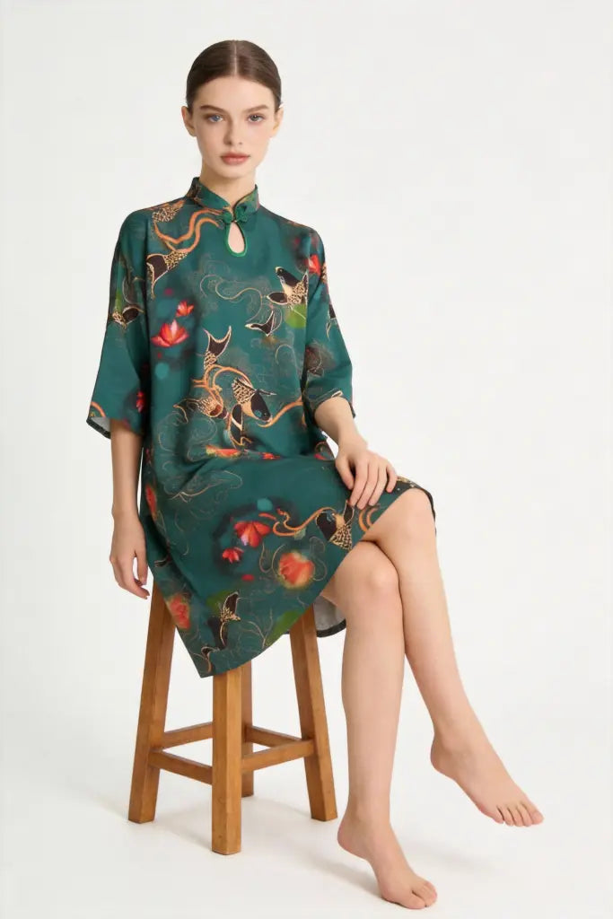 Emerald Green Koi Fish & Lotus Print Qipao Dress - Traditional Chinese Cheongsam with Modern Silhouette