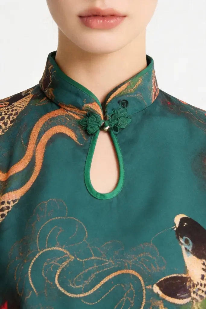 Emerald Green Koi Fish & Lotus Print Qipao Dress - Traditional Chinese Cheongsam with Modern Silhouette