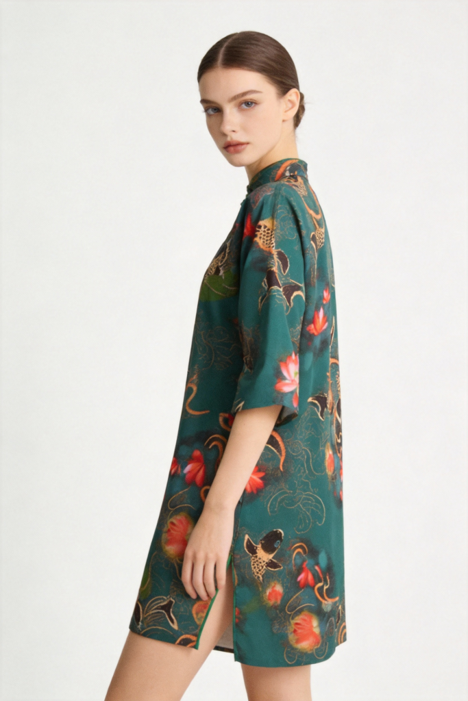Woman wearing a Emerald Green Koi Fish & Lotus Print Qipao Dress on a white background