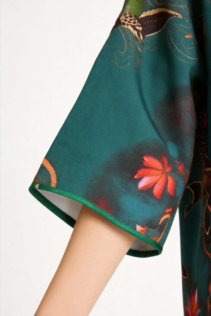 Woman wearing a Emerald Green Koi Fish & Lotus Print Qipao Dress on a white background