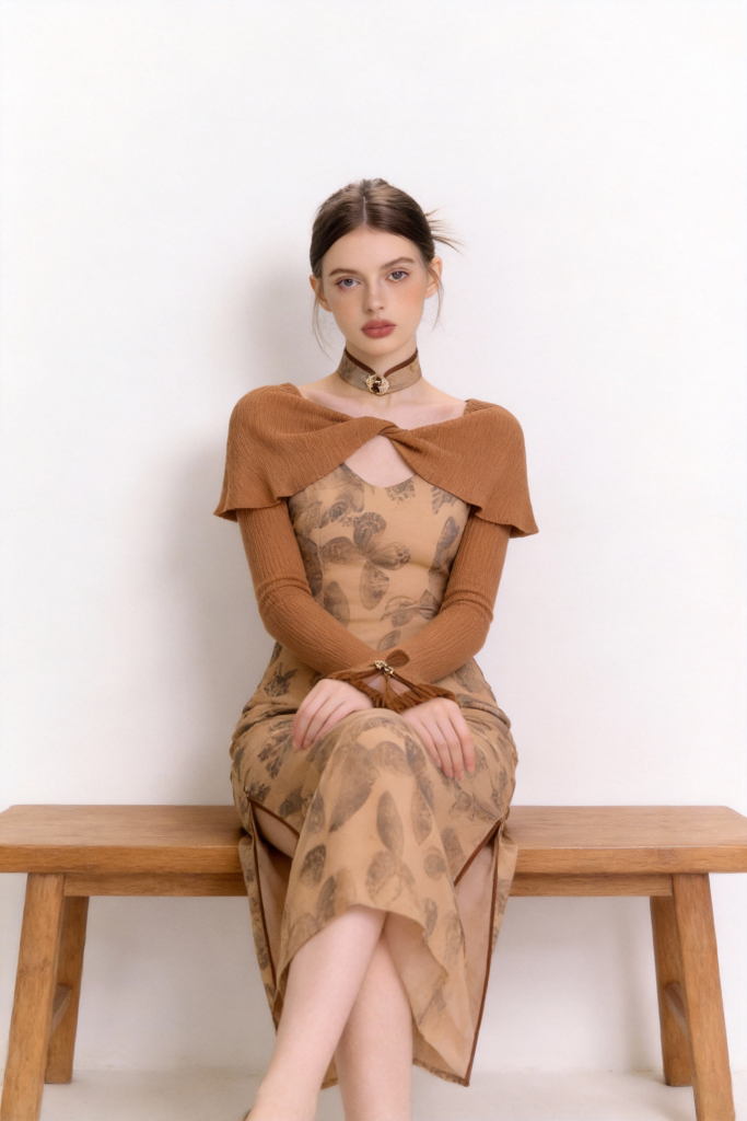 Woman wearing a brown dress with a bow detail sitting on a wooden bench against a white wall.
