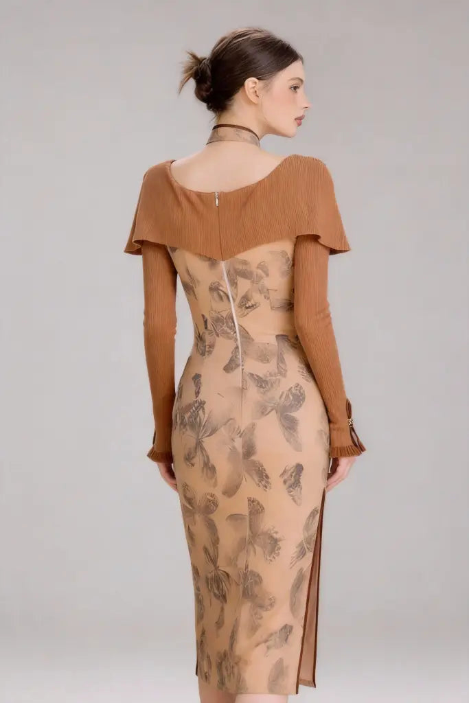Brown Butterfly Print Midi Dress with Knit Shawl Collar