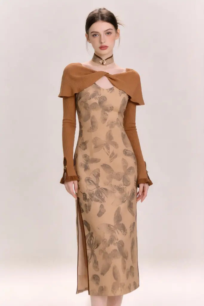 Brown Butterfly Print Midi Dress with Knit Shawl Collar