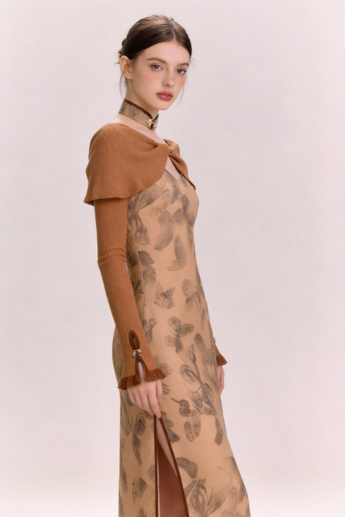 Woman wearing a Brown Butterfly Print Midi Dress with Knit Shawl Collar on a white background