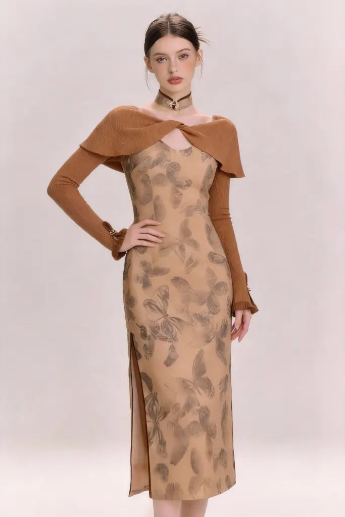 Brown Butterfly Print Midi Dress with Knit Shawl Collar