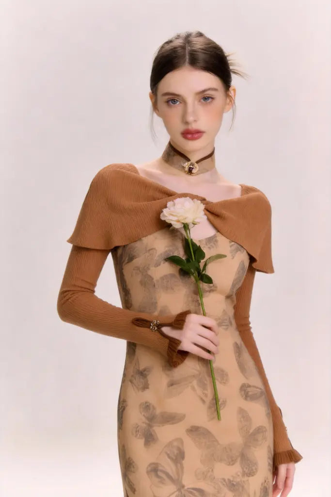 Brown Butterfly Print Midi Dress with Knit Shawl Collar
