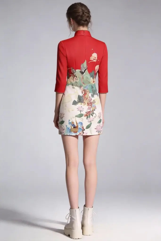 Red Collar Half Sleeve Floral Print Short Cheongsam Retro Elegant Daily Wear Dress