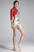 Red Collar Half Sleeve Floral Print Short Cheongsam Retro Elegant Daily Wear Dress