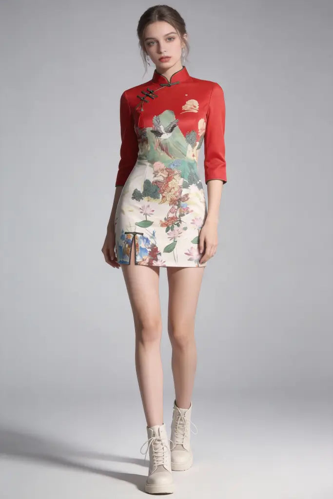 Red Collar Half Sleeve Floral Print Short Cheongsam Retro Elegant Daily Wear Dress