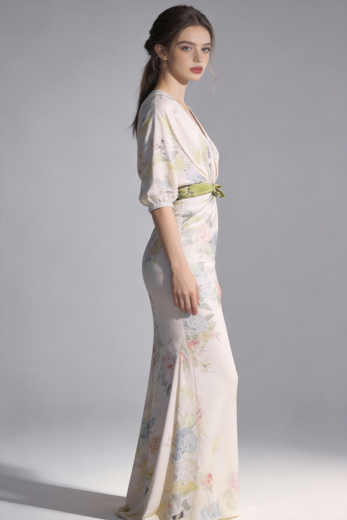 Woman wearing a elegant floral print satin evening gown with green sash belt on a gray background