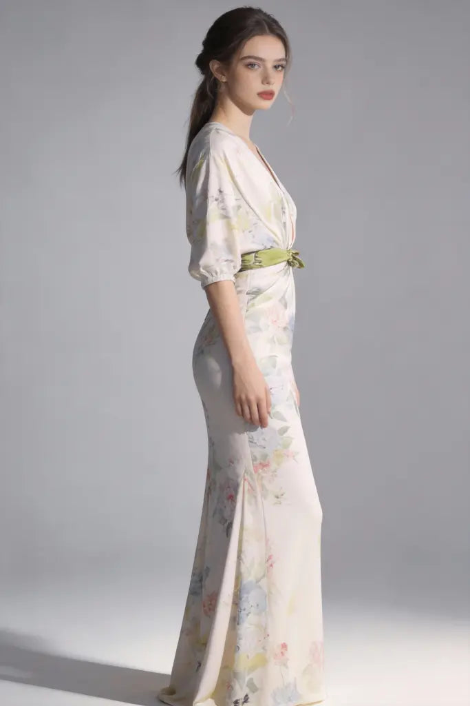 Woman wearing aElegant Floral Print Satin Evening Gown with Green Sash Belt on a gray background