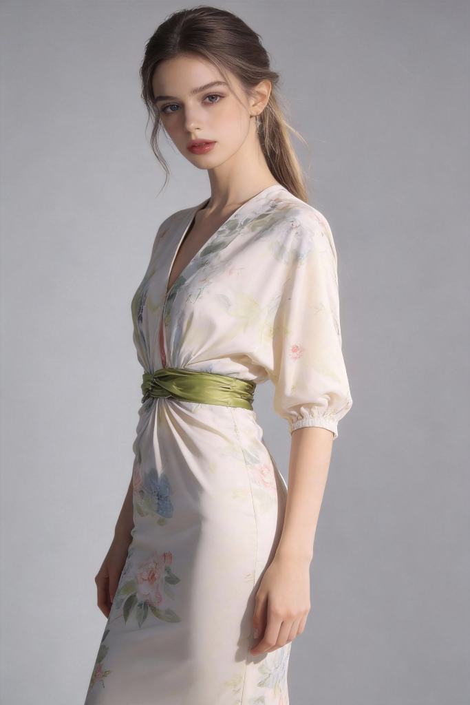 Woman wearing a elegant floral print satin evening gown with green sash belt on a gray background