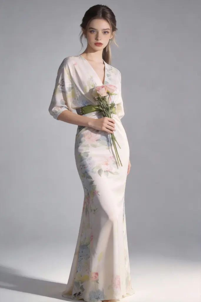 Woman wearing aElegant Floral Print Satin Evening Gown with Green Sash Belt on a gray background