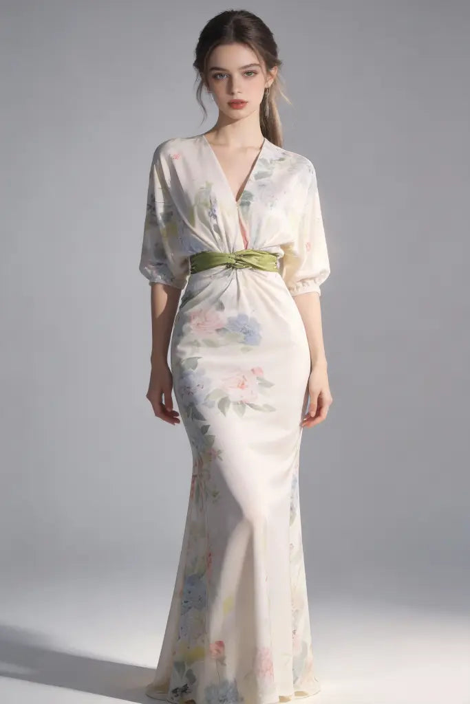 Woman wearing aElegant Floral Print Satin Evening Gown with Green Sash Belt on a gray background