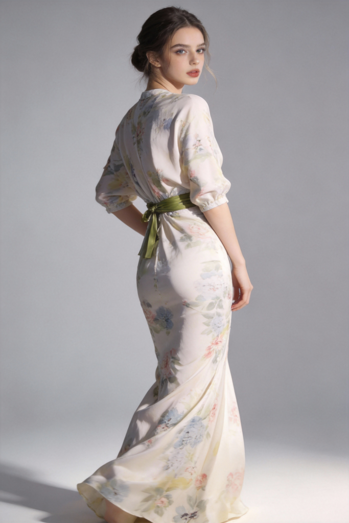 Woman wearing a elegant floral print satin evening gown with green sash belt on a gray background
