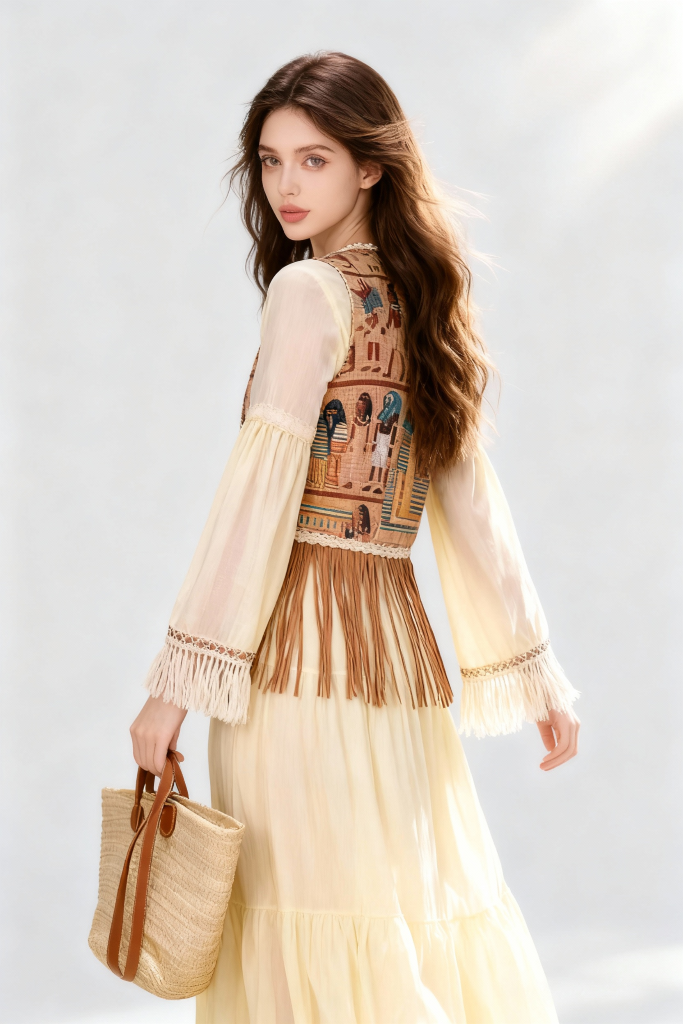 Woman wearing a beige dress with a patterned vest against a light gray background