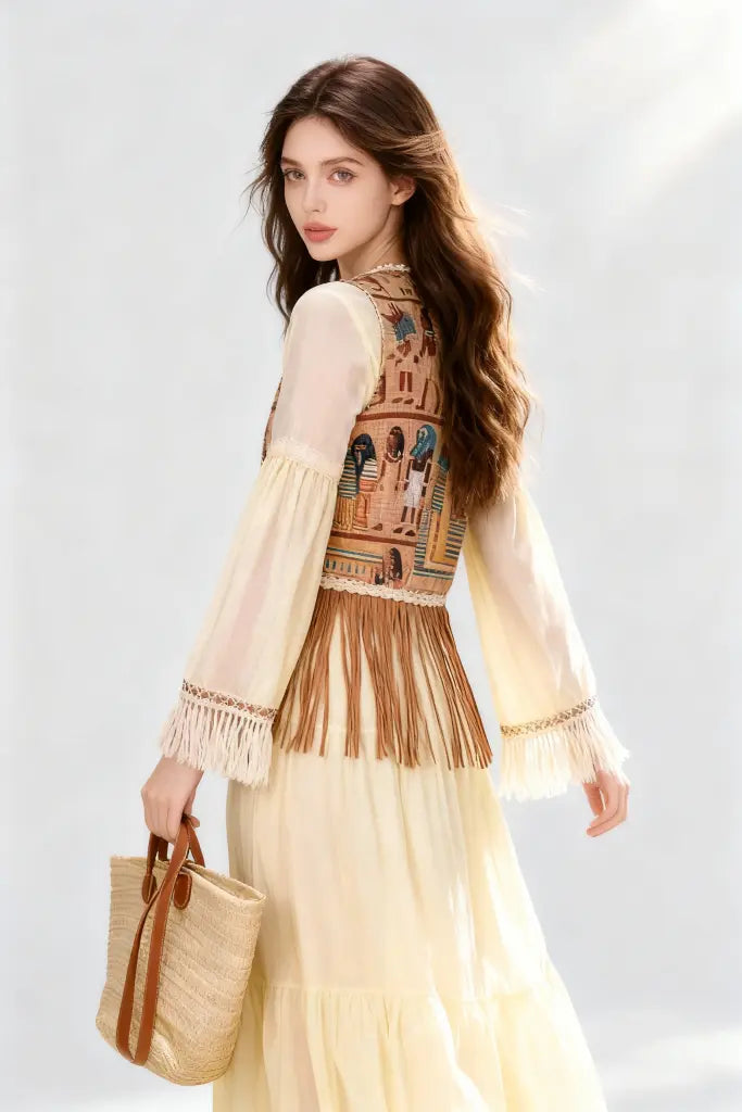 Woman wearing a Bohemian Egyptian Print Fringed Vest with Flowy Beige Maxi Dress and holding a straw bag on a light gray background