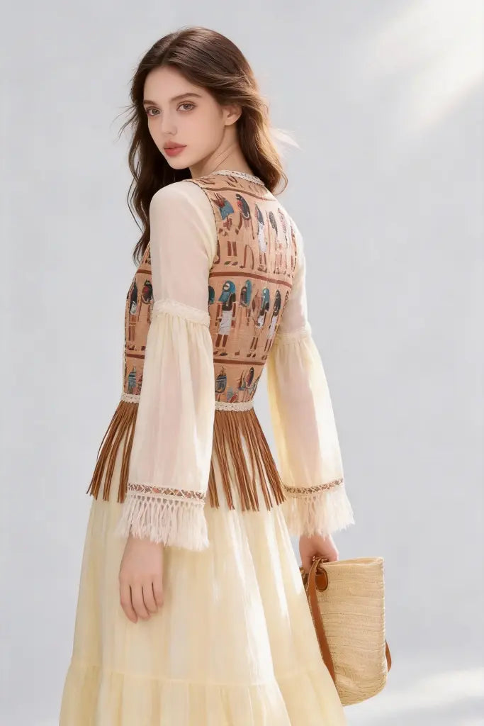 Woman wearing a Bohemian Egyptian Print Fringed Vest with Flowy Beige Maxi Dress and holding a straw bag on a light gray background