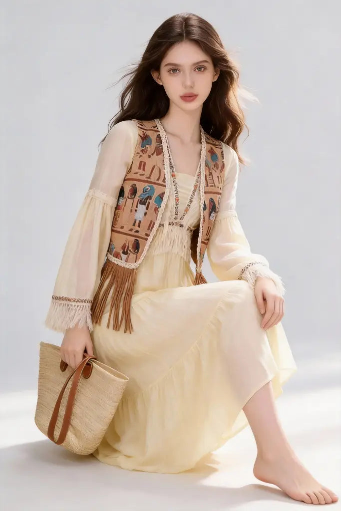 Woman wearing a Bohemian Egyptian Print Fringed Vest with Flowy Beige Maxi Dress and holding a straw bag on a light gray background