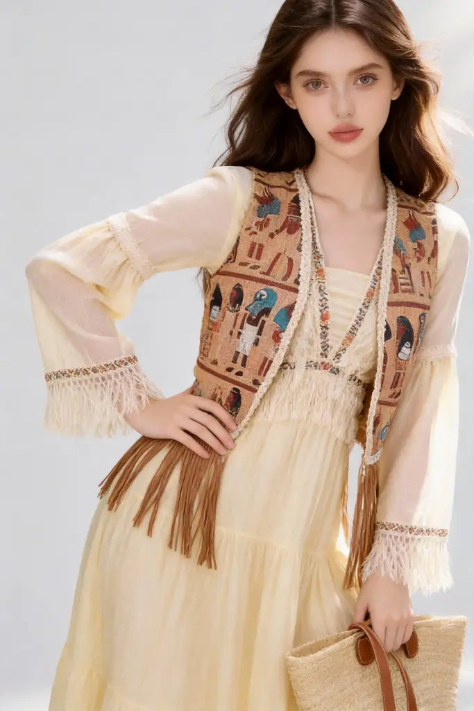 Woman wearing a Bohemian Egyptian Print Fringed Vest with Flowy Beige Maxi Dress and holding a straw bag on a light gray background