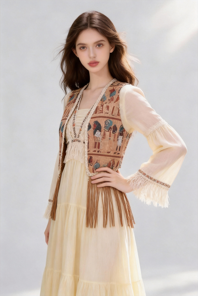 Woman wearing a beige dress with a patterned vest against a light gray background