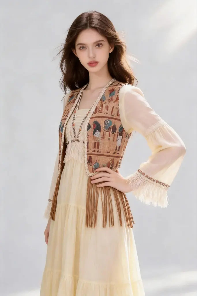 Woman wearing a Bohemian Egyptian Print Fringed Vest with Flowy Beige Maxi Dress and holding a straw bag on a light gray background
