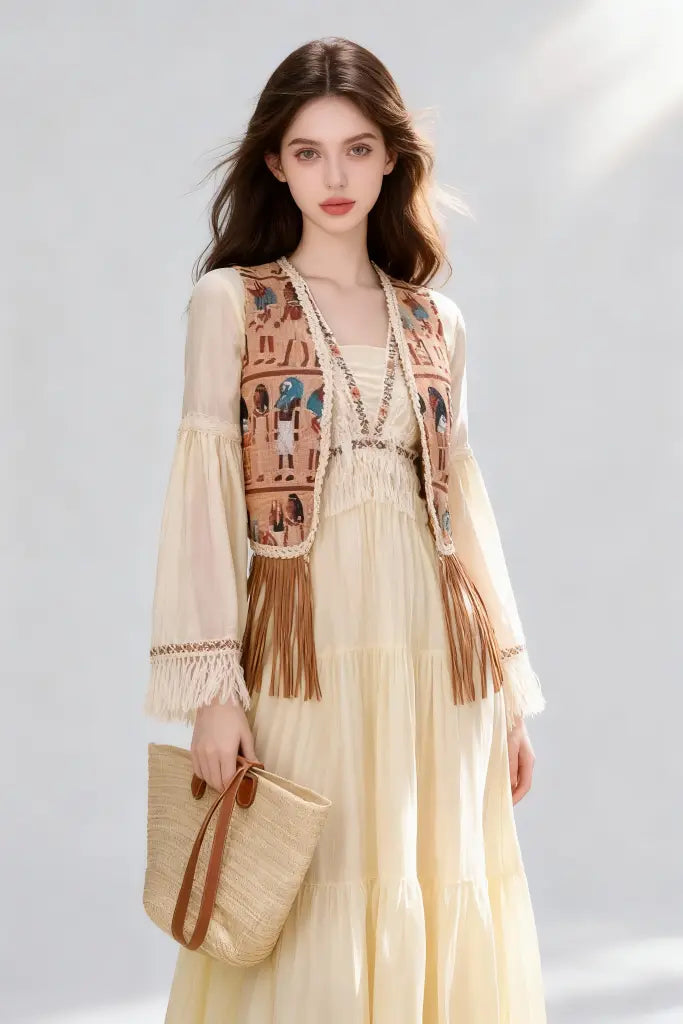 Woman wearing a Bohemian Egyptian Print Fringed Vest with Flowy Beige Maxi Dress and holding a straw bag on a light gray background