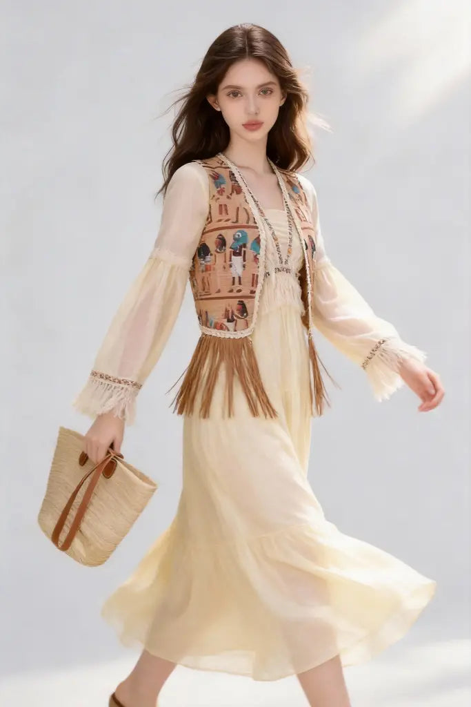 Woman wearing a Bohemian Egyptian Print Fringed Vest with Flowy Beige Maxi Dress and holding a straw bag on a light gray background