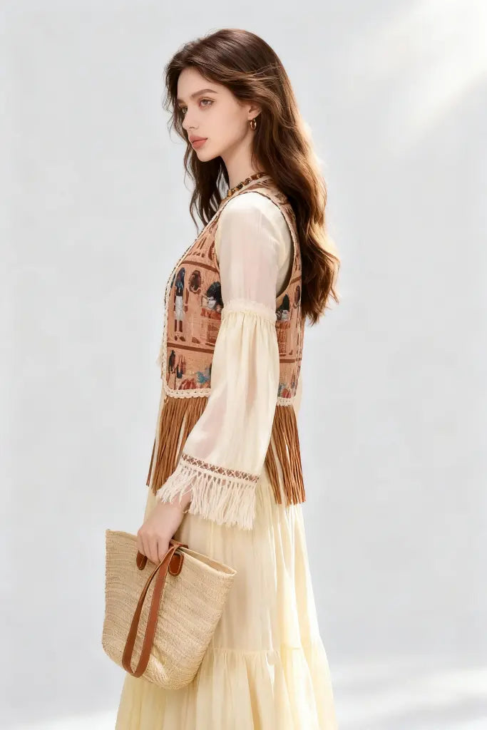 Woman wearing a Bohemian Egyptian Print Fringed Vest with Flowy Beige Maxi Dress and holding a straw bag on a light gray background