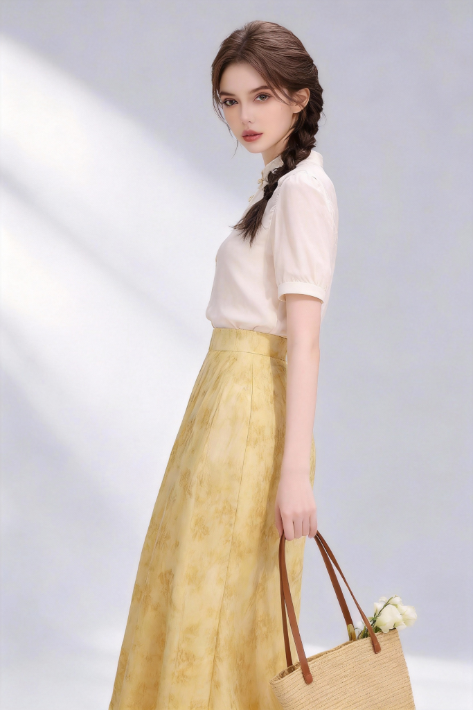 Woman wearing a beige stand-collar blouse + yellow floral midi skirt holding a woven bag with flowers on a light gray background