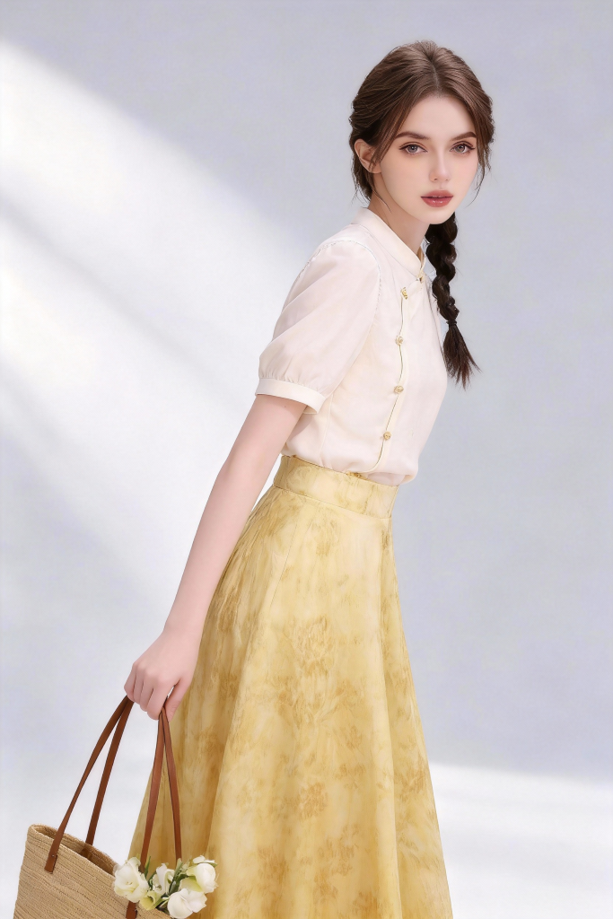 Woman wearing a beige stand-collar blouse + yellow floral midi skirt holding a woven bag with flowers on a light gray background