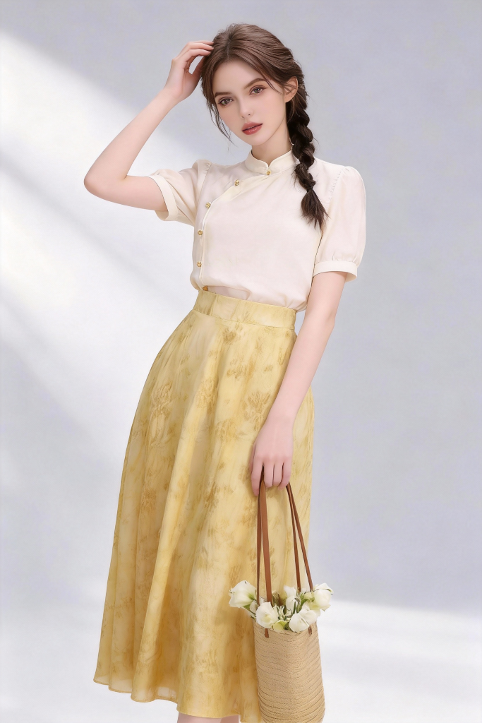Woman wearing a beige stand-collar blouse + yellow floral midi skirt holding a woven bag with flowers on a light gray background