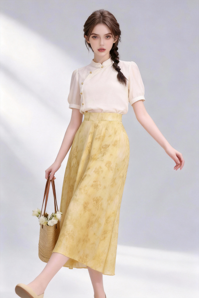 Woman wearing a beige stand-collar blouse + yellow floral midi skirt holding a woven bag with flowers on a light gray background