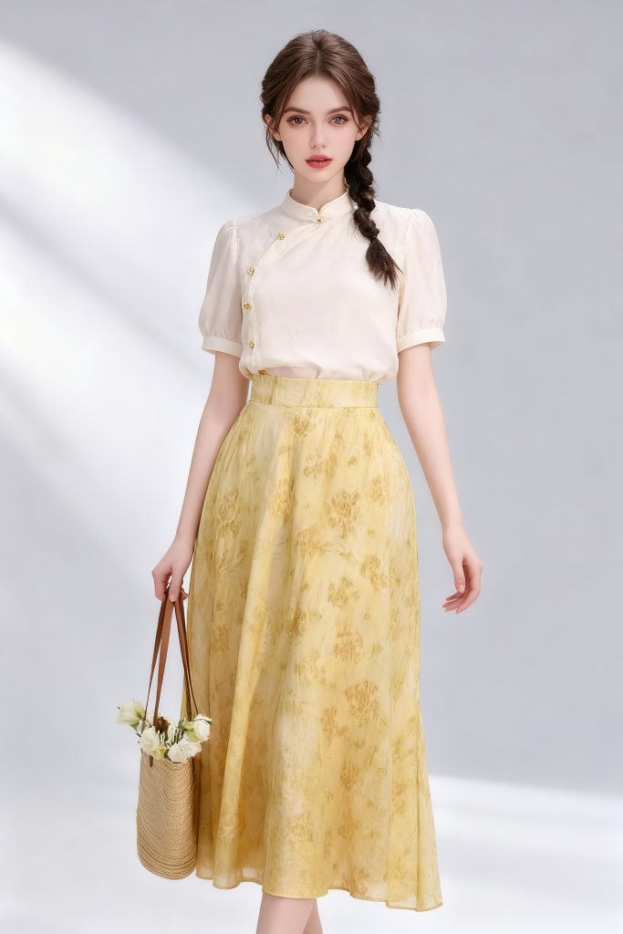Woman wearing a beige stand-collar blouse + yellow floral midi skirt holding a woven bag with flowers on a light gray background