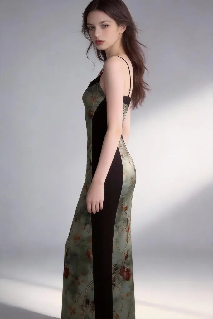 Woman wearing a floral dress with a black slit on a plain background