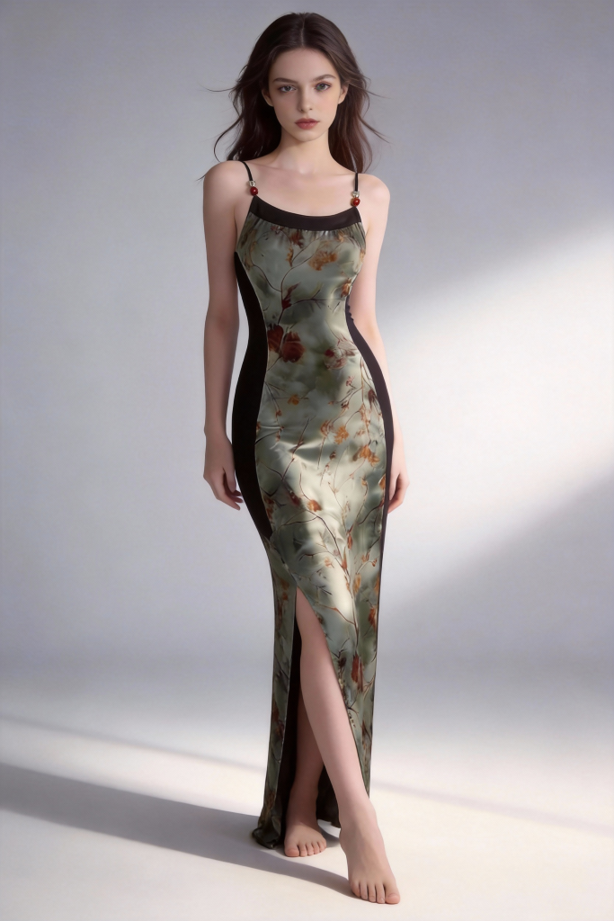 Elegant Satin Slip Dress with Vintage Floral Print, Spaghetti Straps & Side Slit