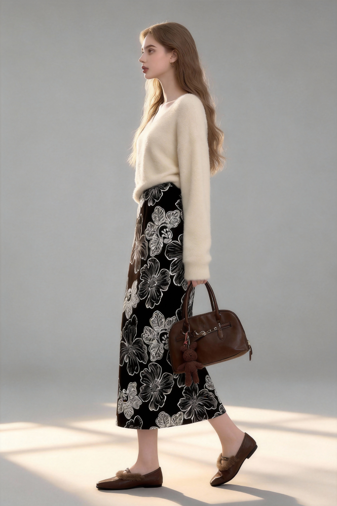 Black Midi Skirt with Elegant Floral Print, Flowy A-Line Hem