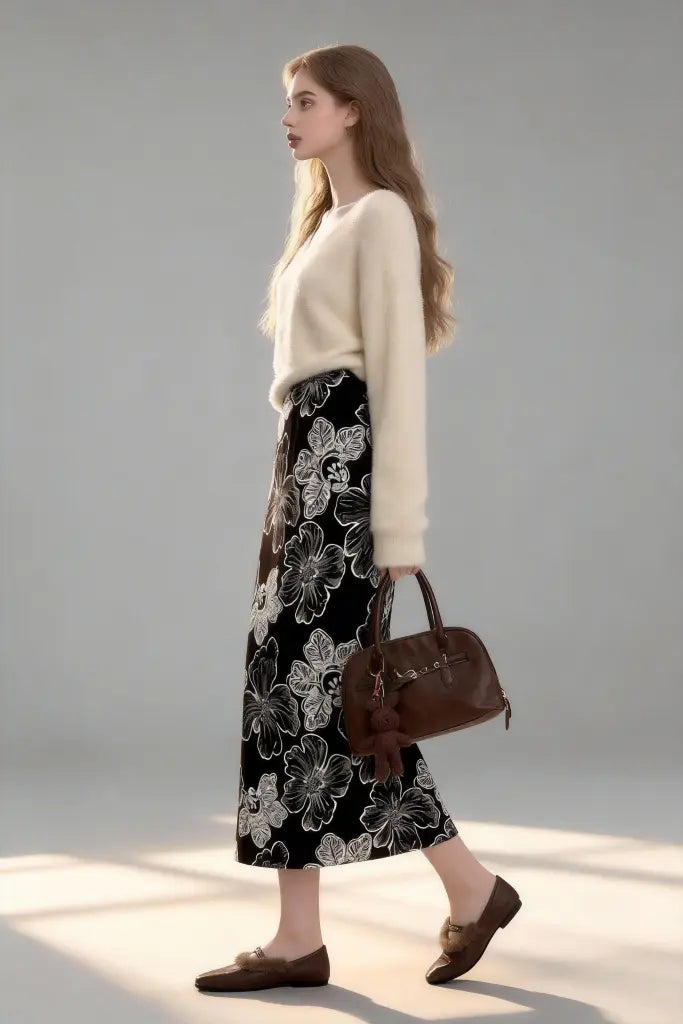 Woman wearing a white sweater and black floral skirt with a brown handbag on a gray background