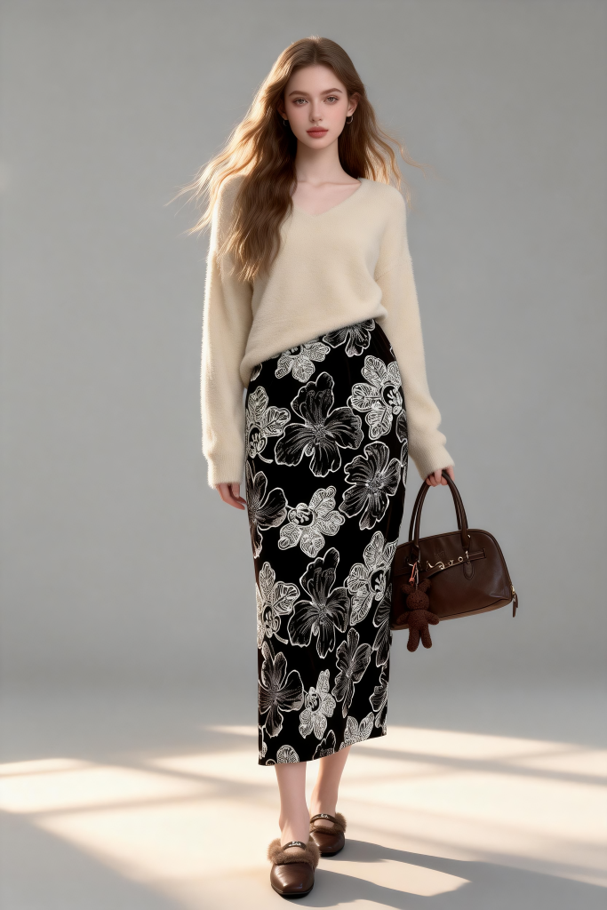 Midi Skirt with Elegant Floral Print, Flowy A-Line Hem