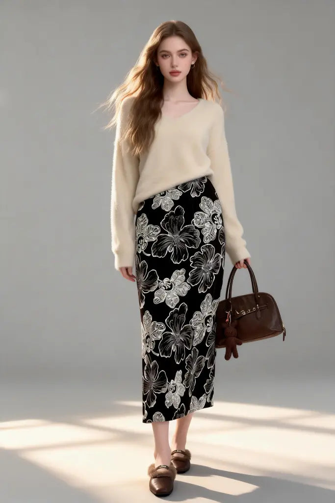 Woman wearing a cream sweater and black floral skirt holding a brown handbag on a gray background