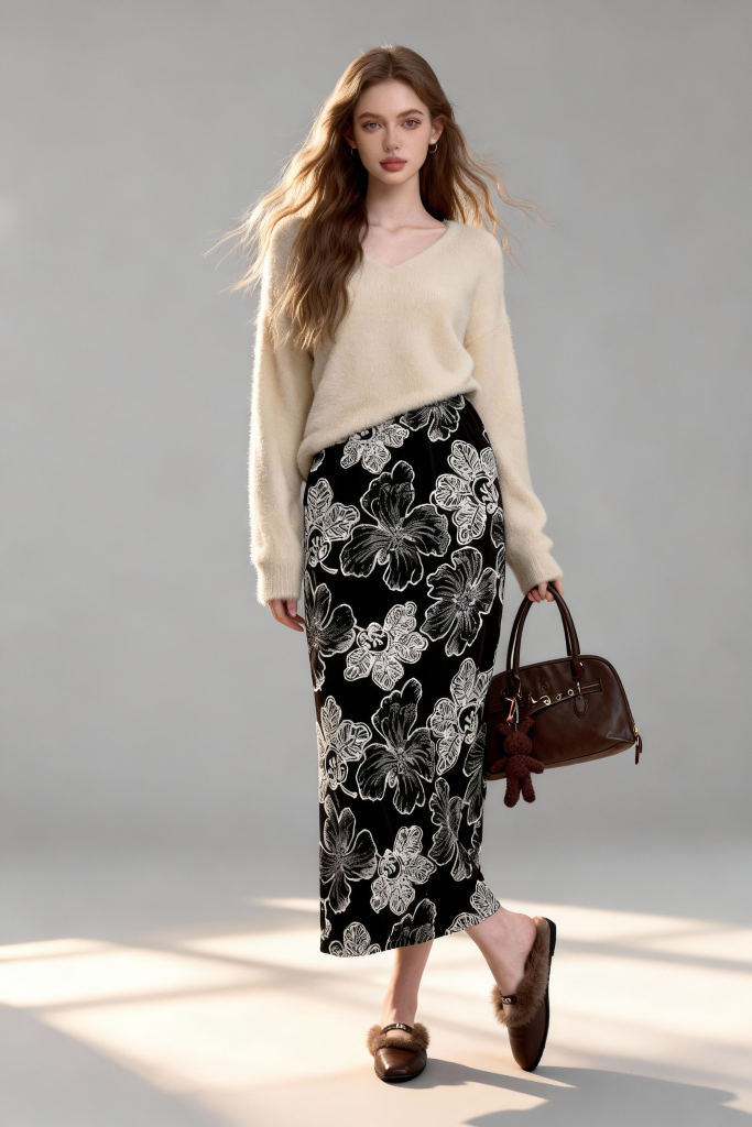 Black Midi Skirt with Elegant Floral Print, Flowy A-Line Hem