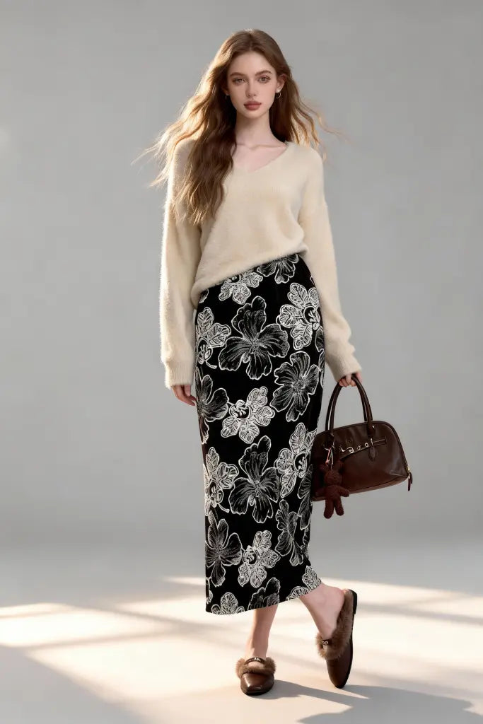 Midi Black Skirt with Elegant Floral Print, Flowy A-Line Hem