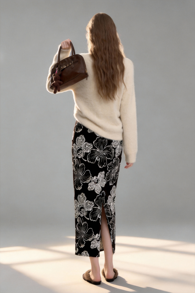 Woman wearing a white sweater and black bidi bkirt with elegant floral Print, flowy a-line hem, holding a brown bag, on a gray background