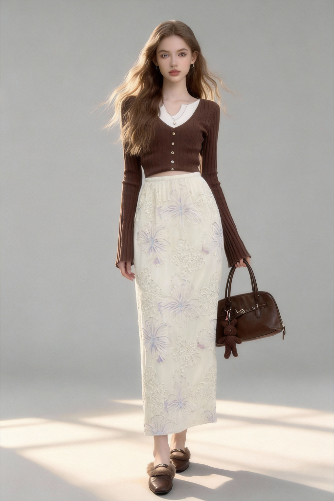 White Midi Skirt with Elegant Floral Print, Flowy A-Line Hem