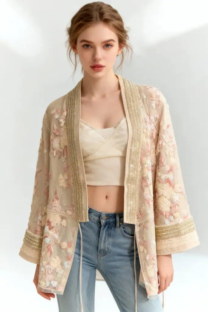Beige Floral Embroidered Sheer Kimono Cardigan with Gold Sequin Trim - Women's Lightweight Summer Cover Up