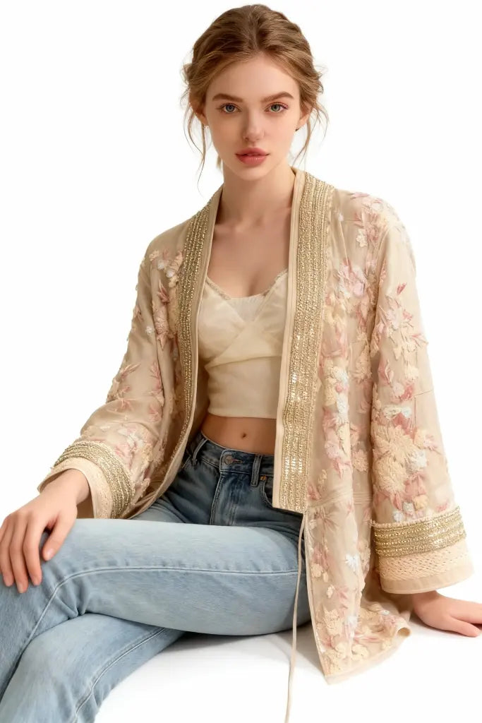 Beige Floral Embroidered Sheer Kimono Cardigan with Gold Sequin Trim - Women's Lightweight Summer Cover Up