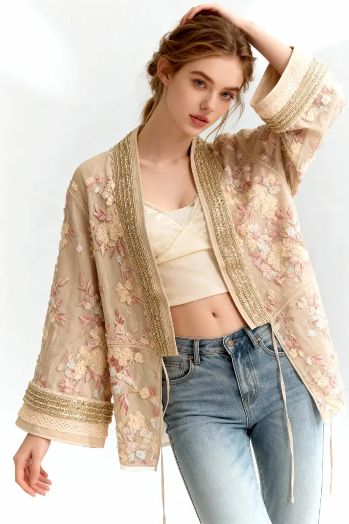 Beige Floral Embroidered Sheer Kimono Cardigan with Gold Sequin Trim - Women's Lightweight Summer Cover Up