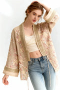 Beige Floral Embroidered Sheer Kimono Cardigan with Gold Sequin Trim - Women's Lightweight Summer Cover Up